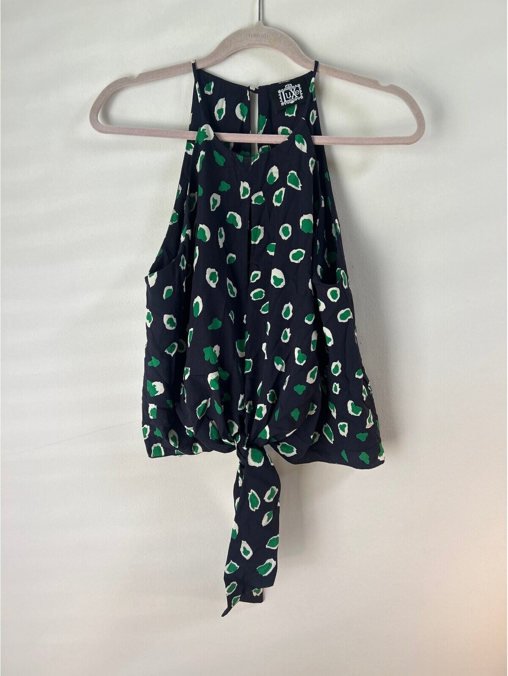 Luxe Womens Halter Tank Top Large Navy Green Abstract Print Tie Front Blouse